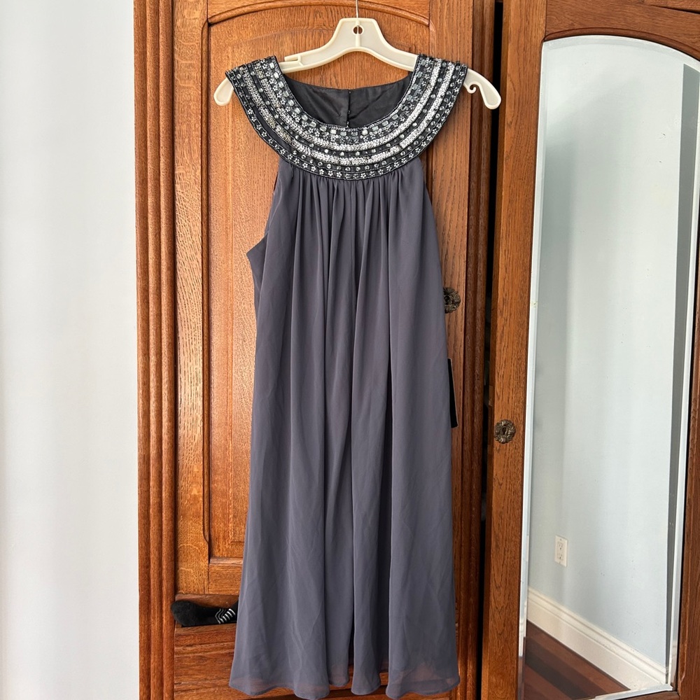 JS Boutique Navy Gray Beaded Neckline Jewel dress
